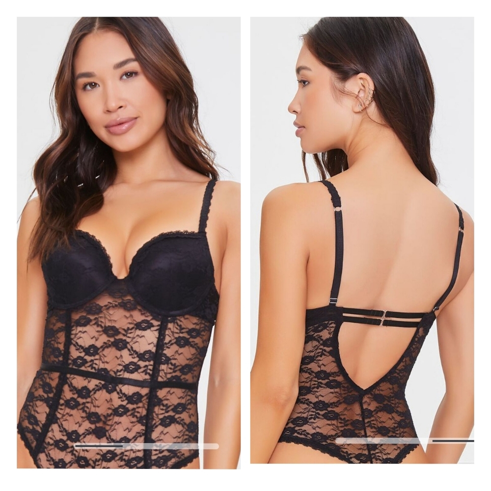 NWT Forever 21 Women's Black Floral Lace Mesh Lingerie Bodysuit, Size Small.